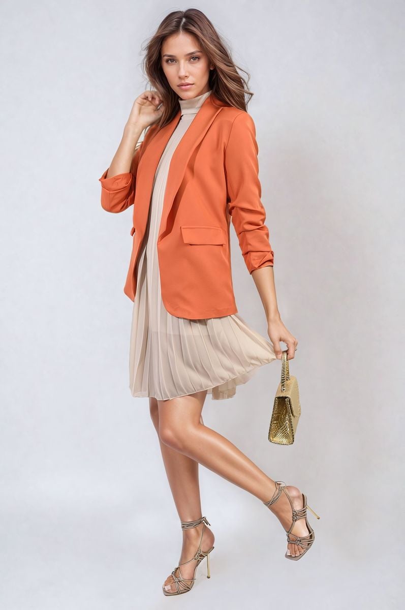 Ruched Sleeve Open Front Blazer Jacket with Front Pockets - Black River UK