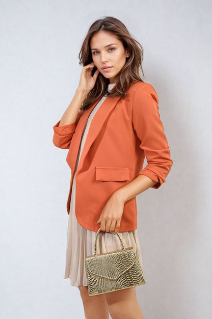 Ruched Sleeve Open Front Blazer Jacket with Front Pockets - Black River UK