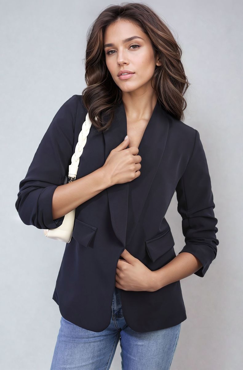 Ruched Sleeve Open Front Blazer Jacket with Front Pockets - Black River UK