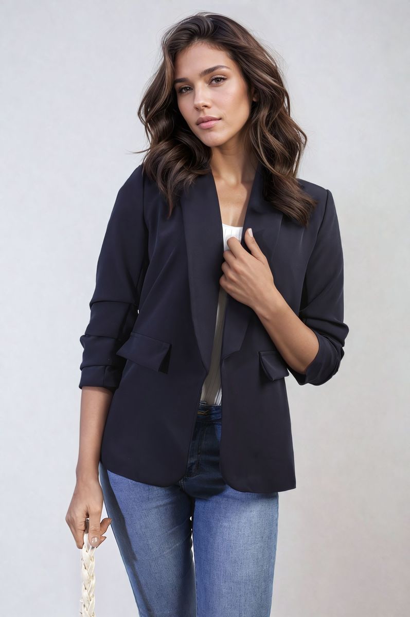 Ruched Sleeve Open Front Blazer Jacket with Front Pockets - Black River UK