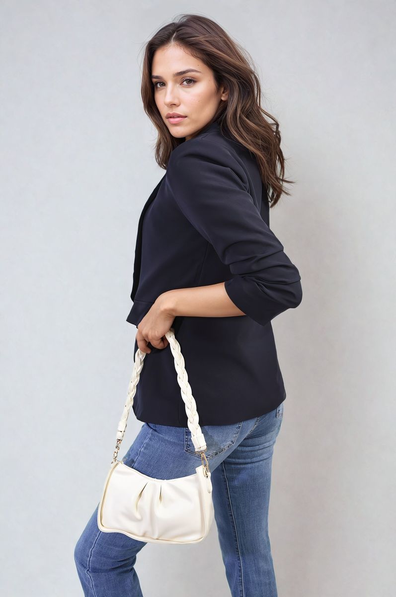 Ruched Sleeve Open Front Blazer Jacket with Front Pockets - Black River UK