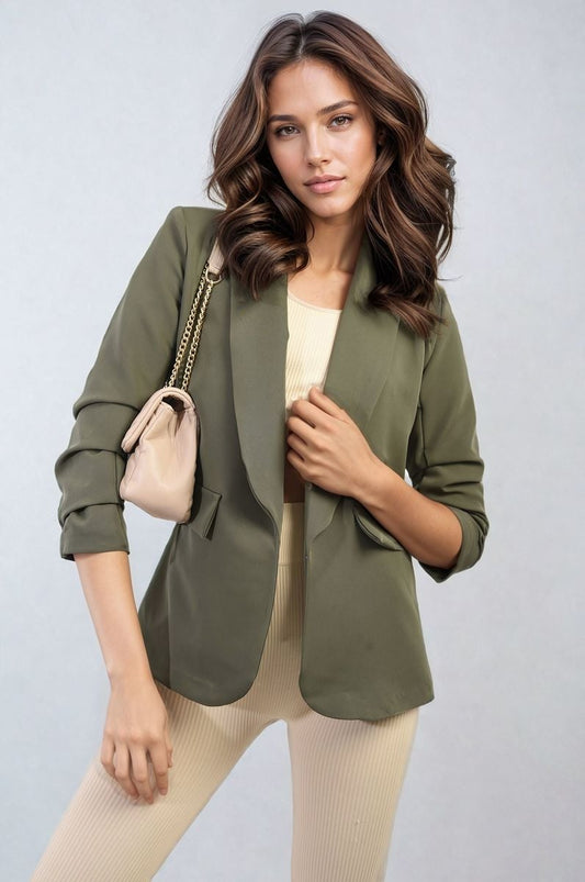Ruched Sleeve Open Front Blazer Jacket with Front Pockets - Black River UK