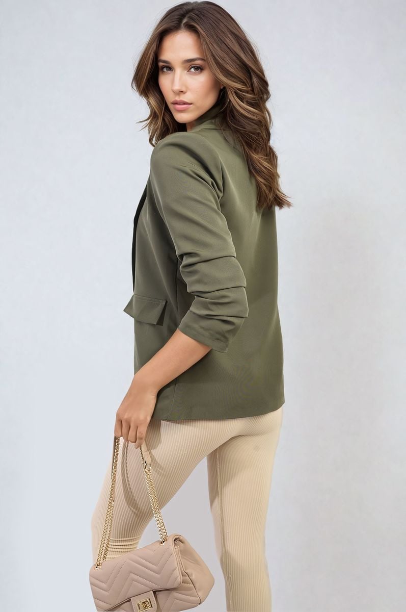 Ruched Sleeve Open Front Blazer Jacket with Front Pockets - Black River UK