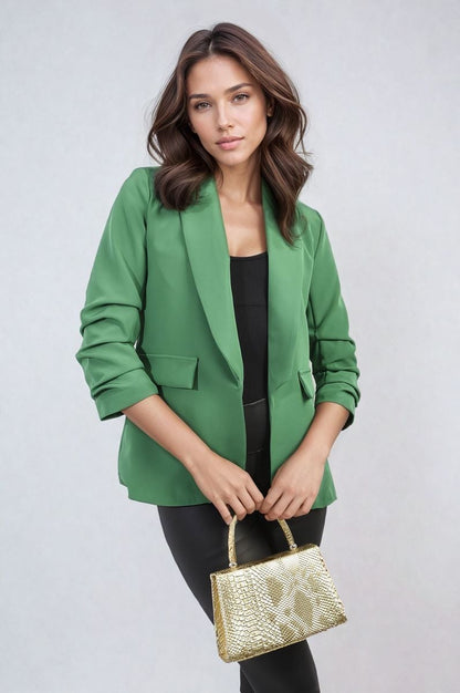 Ruched Sleeve Open Front Blazer Jacket with Front Pockets - Black River UK
