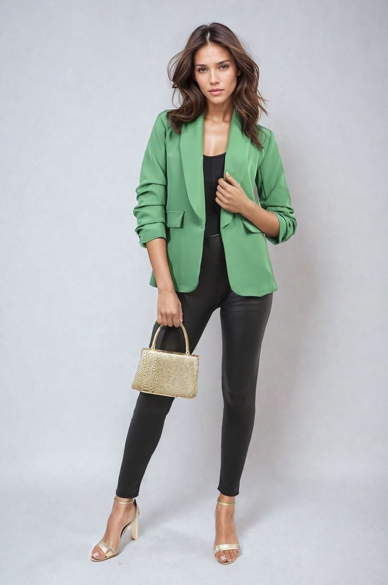 Ruched Sleeve Open Front Blazer Jacket with Front Pockets - Black River UK