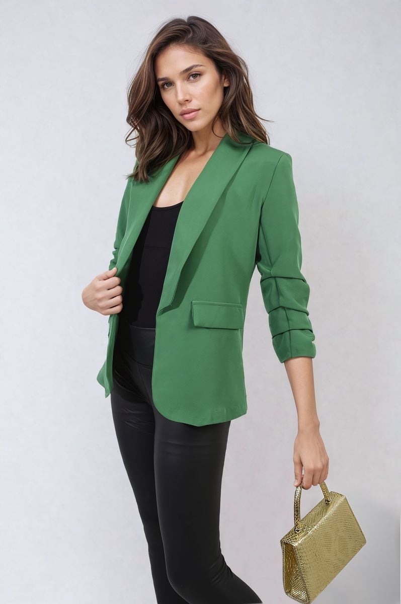 Ruched Sleeve Open Front Blazer Jacket with Front Pockets - Black River UK
