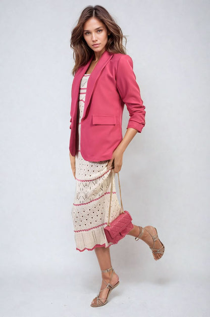 Ruched Sleeve Open Front Blazer Jacket with Front Pockets - Black River UK