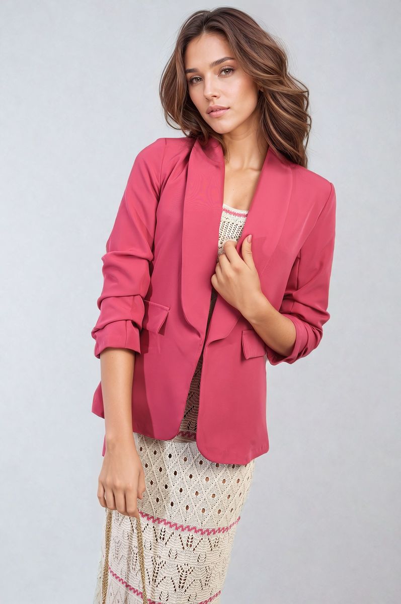 Ruched Sleeve Open Front Blazer Jacket with Front Pockets - Black River UK