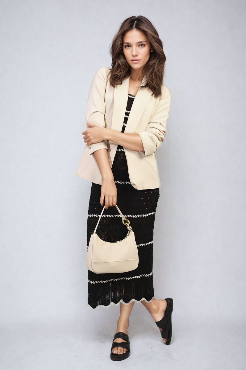 Ruched Sleeve Open Front Blazer Jacket with Front Pockets - Black River UK