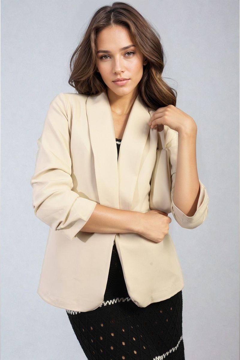 Ruched Sleeve Open Front Blazer Jacket with Front Pockets - Black River UK