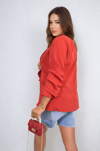 Ruched Sleeve Open Front Blazer Jacket with Front Pockets - Black River UK