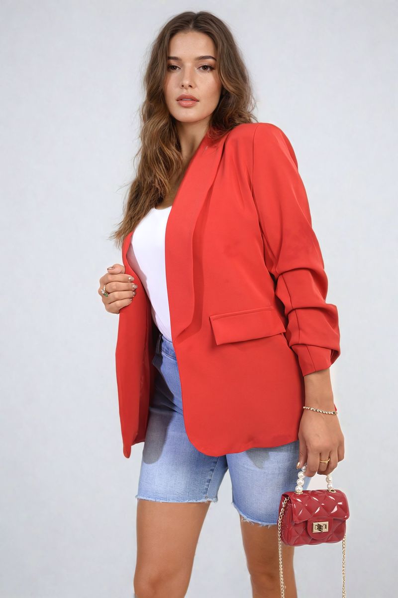Ruched Sleeve Open Front Blazer Jacket with Front Pockets - Black River UK