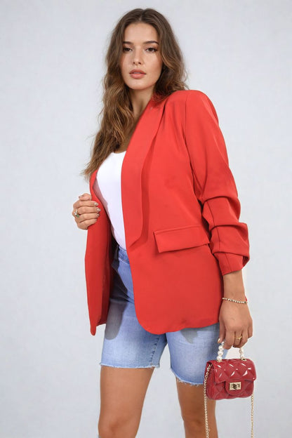 Ruched Sleeve Open Front Blazer Jacket with Front Pockets - Black River UK