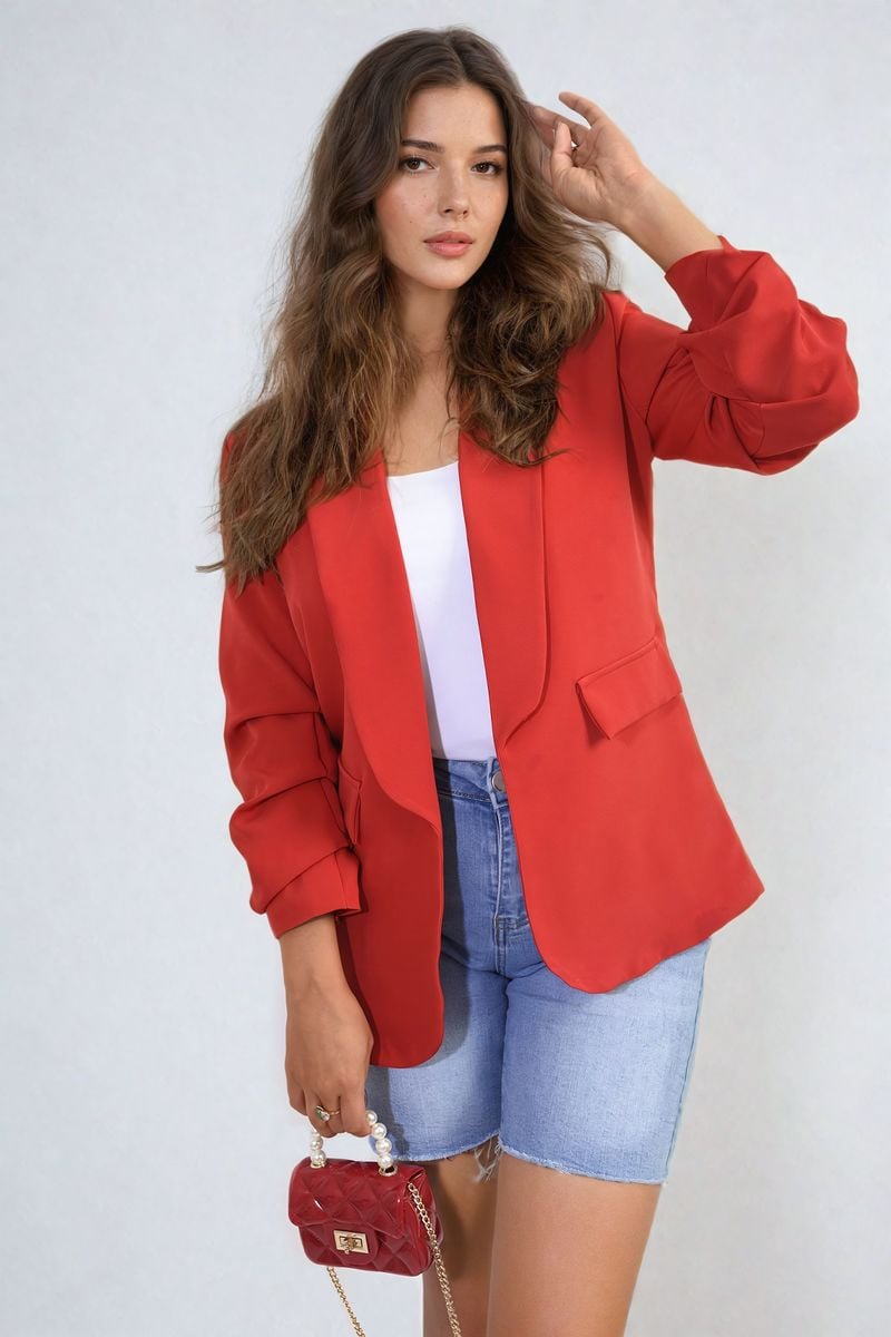 Ruched Sleeve Open Front Blazer Jacket with Front Pockets - Black River UK