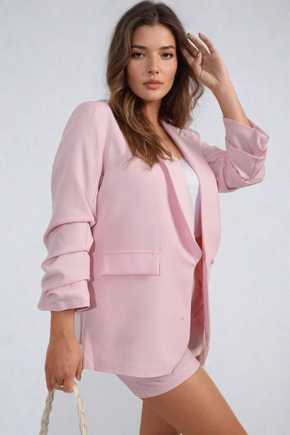 Ruched Sleeve Open Front Blazer Jacket with Front Pockets - Black River UK