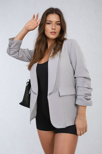 IKRUSH - Valerie Ruched Sleeve Open Front Blazer Jacket with Front Pockets