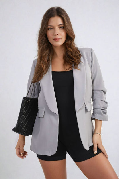Ruched Sleeve Open Front Blazer Jacket with Front Pockets - Black River UK