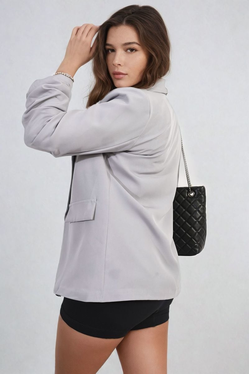 Ruched Sleeve Open Front Blazer Jacket with Front Pockets - Black River UK