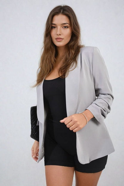 IKRUSH - Valerie Ruched Sleeve Open Front Blazer Jacket with Front Pockets