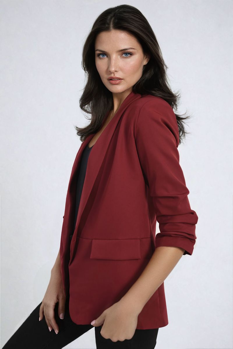 IKRUSH - Valerie Ruched Sleeve Open Front Blazer Jacket with Front Pockets