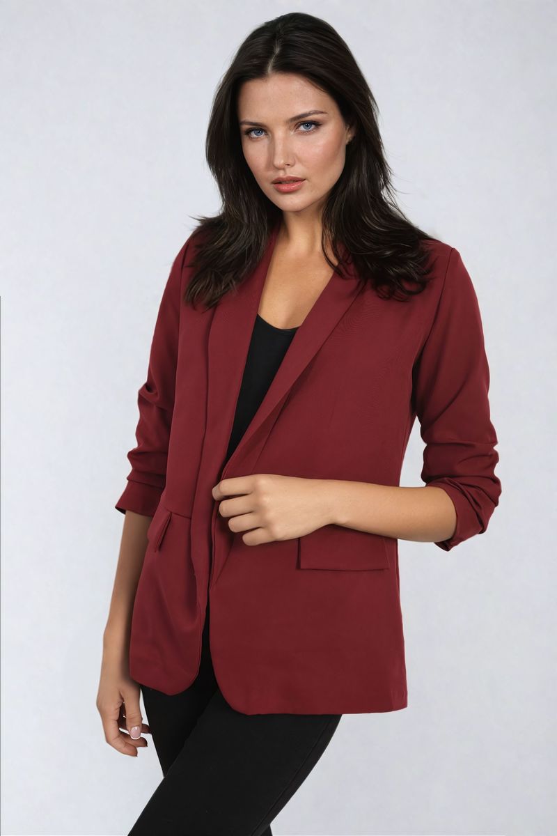 IKRUSH - Valerie Ruched Sleeve Open Front Blazer Jacket with Front Pockets