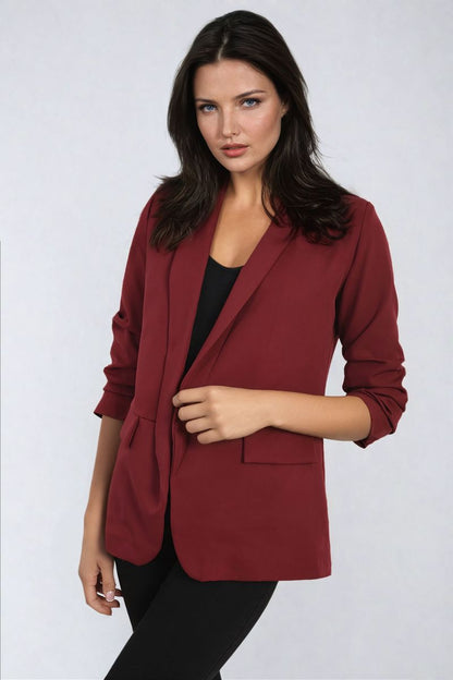 IKRUSH - Valerie Ruched Sleeve Open Front Blazer Jacket with Front Pockets