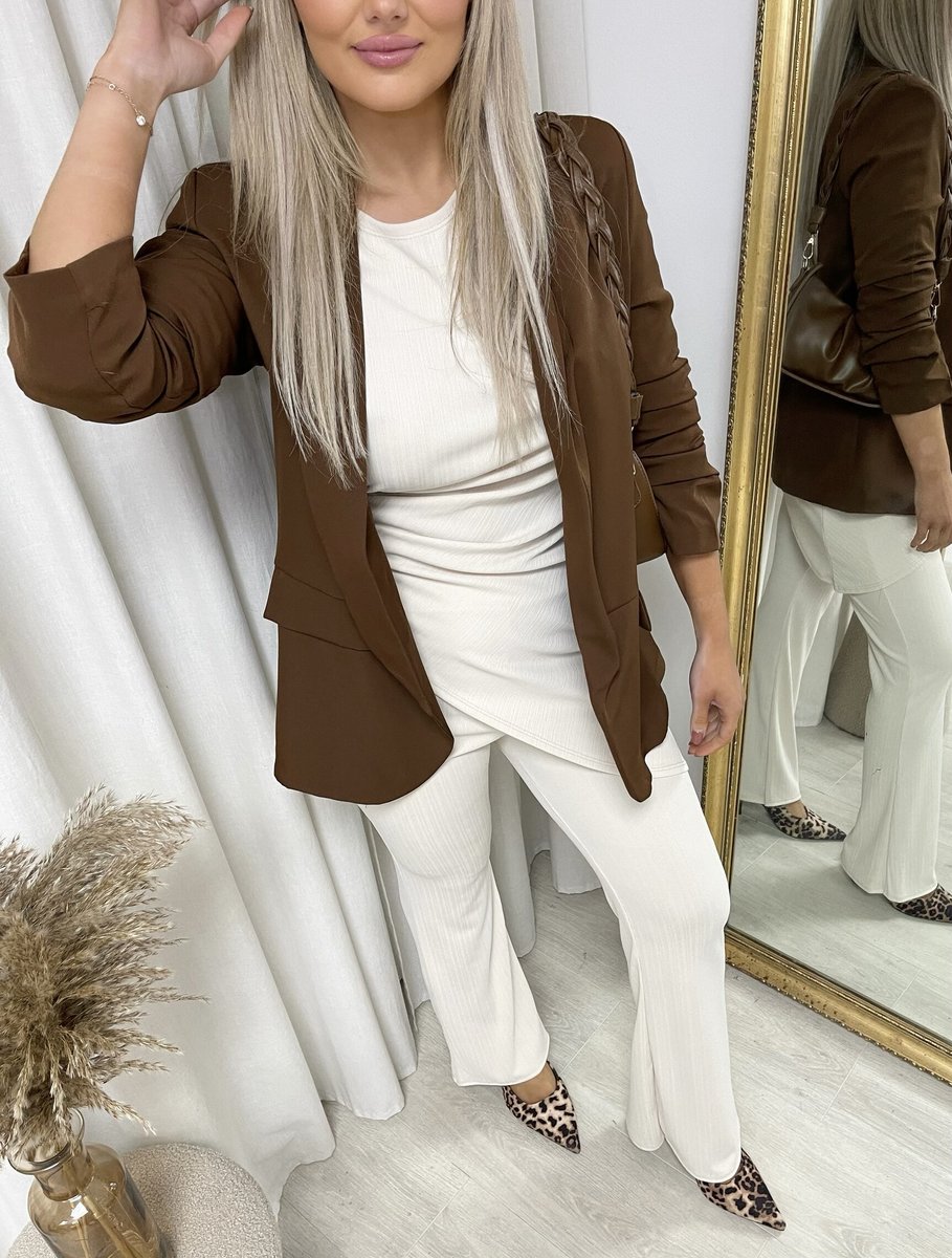 IKRUSH - Valerie Ruched Sleeve Open Front Blazer Jacket with Front Pockets