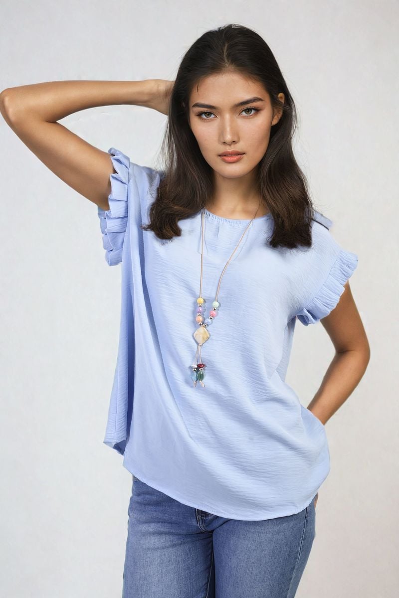 Ruffle Trim Sleeve Top - Black River UK