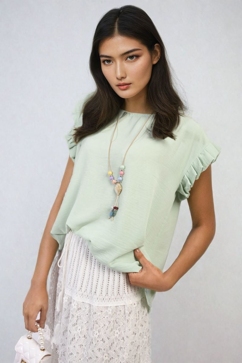 Ruffle Trim Sleeve Top - Black River UK