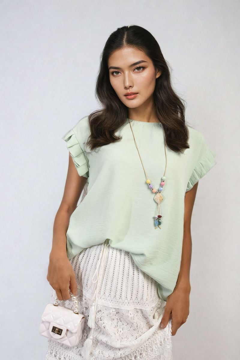 Ruffle Trim Sleeve Top - Black River UK
