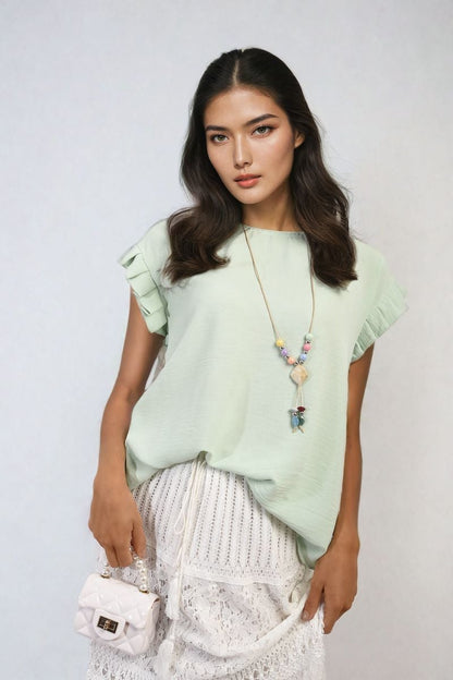Ruffle Trim Sleeve Top - Black River UK