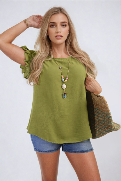 Ruffle Trim Sleeve Top - Black River UK