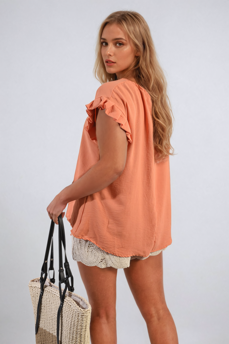 Ruffle Trim Sleeve Top - Black River UK