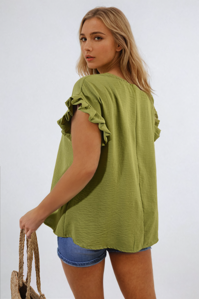 Ruffle Trim Sleeve Top - Black River UK