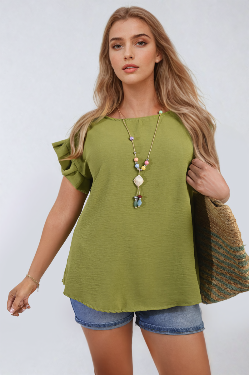 Ruffle Trim Sleeve Top - Black River UK