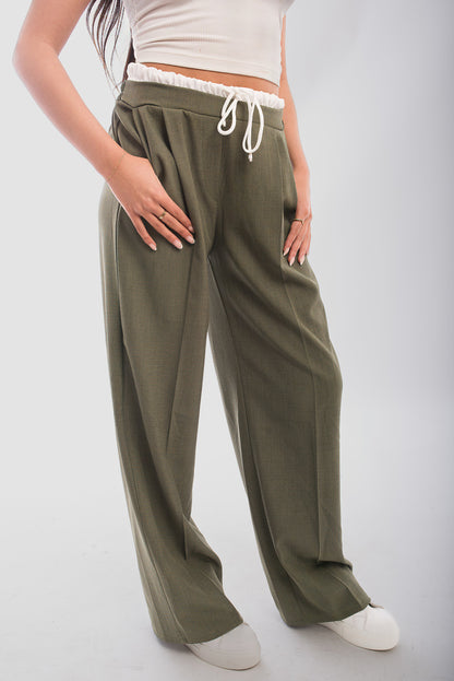 Double Waist Band Drawstring Wide Leg Trousers - Black River UK