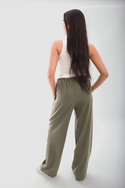 Double Waist Band Drawstring Wide Leg Trousers - Black River UK