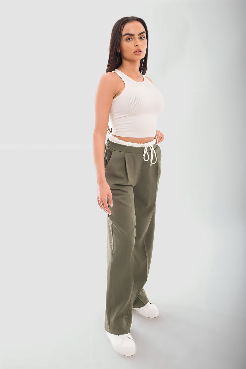 Double Waist Band Drawstring Wide Leg Trousers - Black River UK