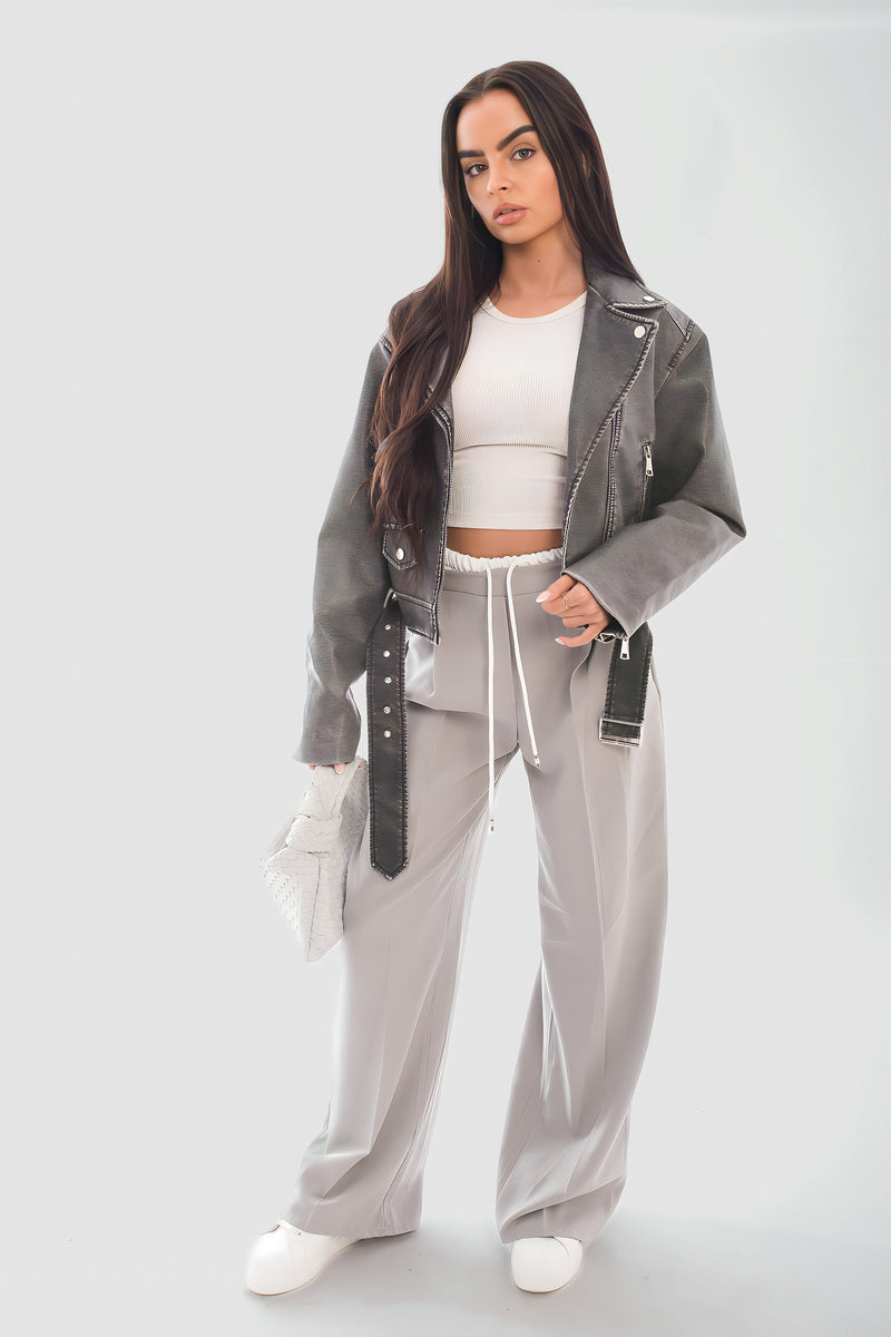 Double Waist Band Drawstring Wide Leg Trousers - Black River UK
