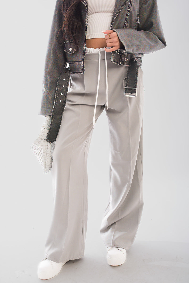 Double Waist Band Drawstring Wide Leg Trousers - Black River UK