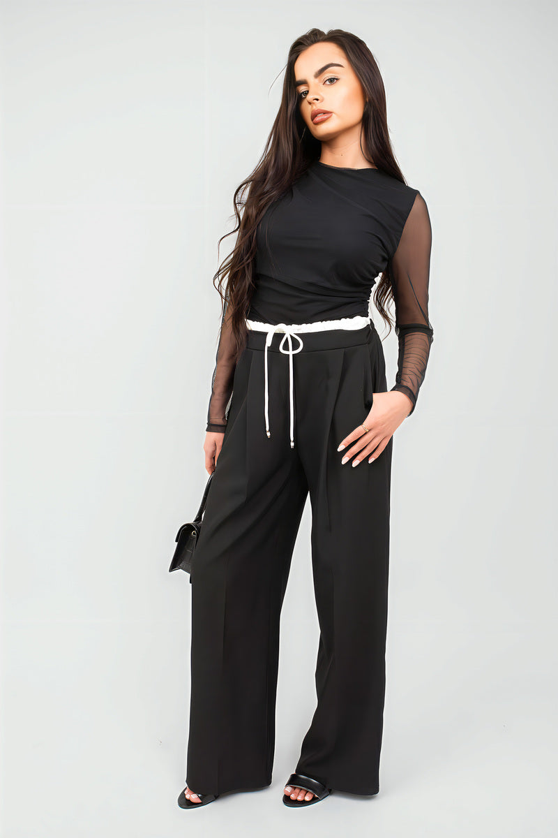 Double Waist Band Drawstring Wide Leg Trousers - Black River UK