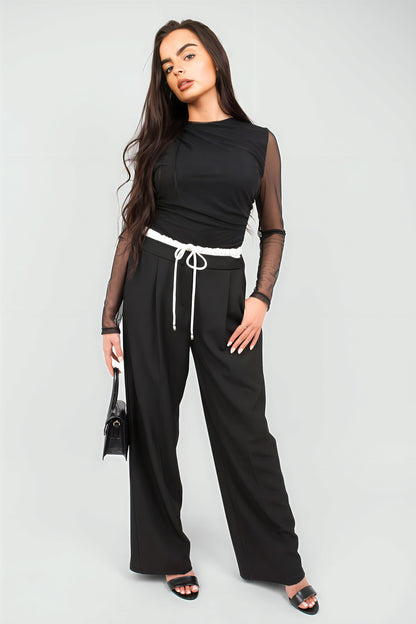 Double Waist Band Drawstring Wide Leg Trousers - Black River UK