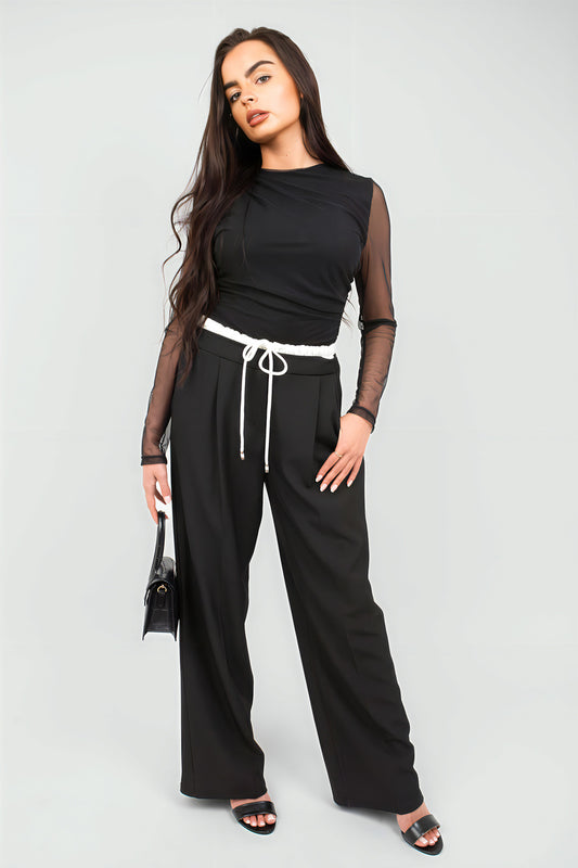 Double Waist Band Drawstring Wide Leg Trousers - Black River UK