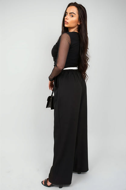 Double Waist Band Drawstring Wide Leg Trousers - Black River UK