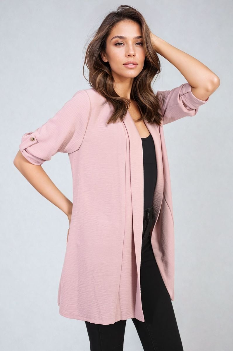 Open Front Roll Up Sleeve Cardigan - Black River UK