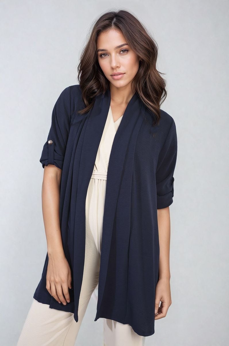 Open Front Roll Up Sleeve Cardigan - Black River UK