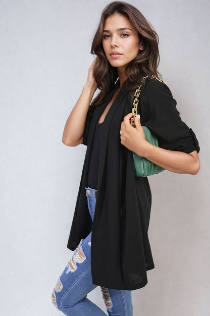 Open Front Roll Up Sleeve Cardigan - Black River UK