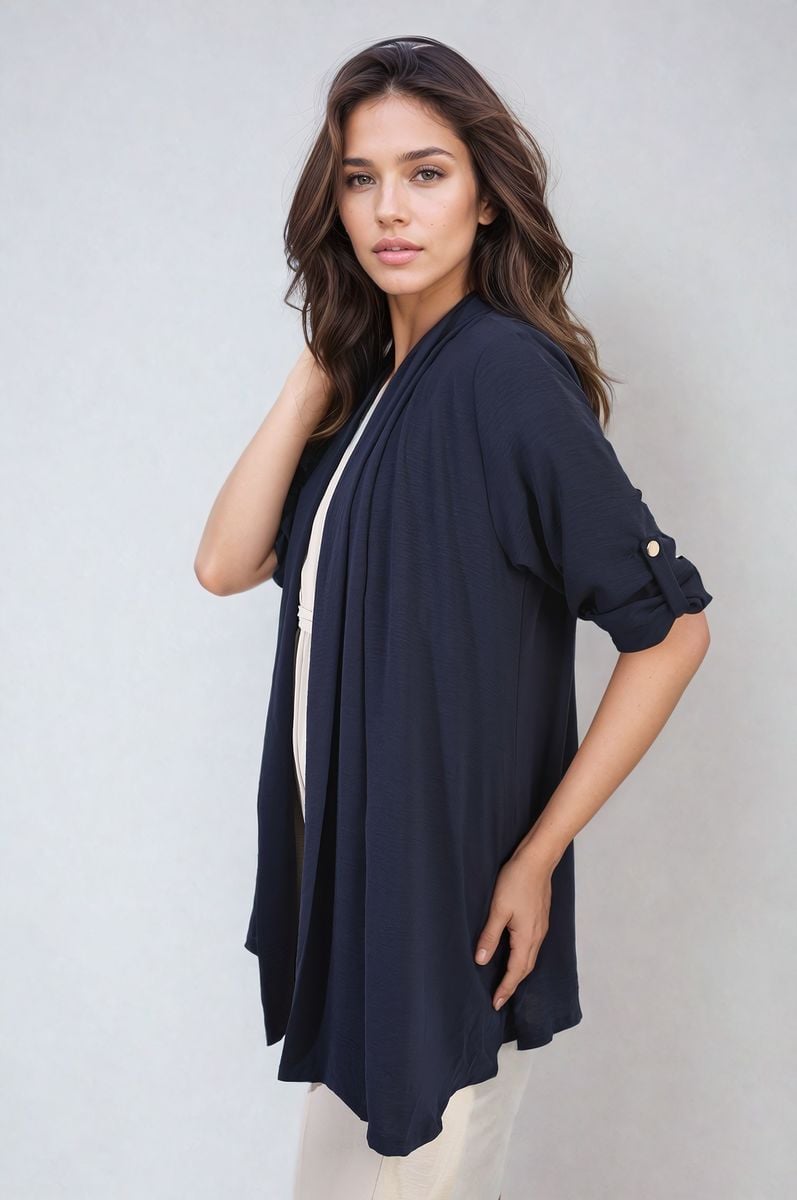 Open Front Roll Up Sleeve Cardigan - Black River UK