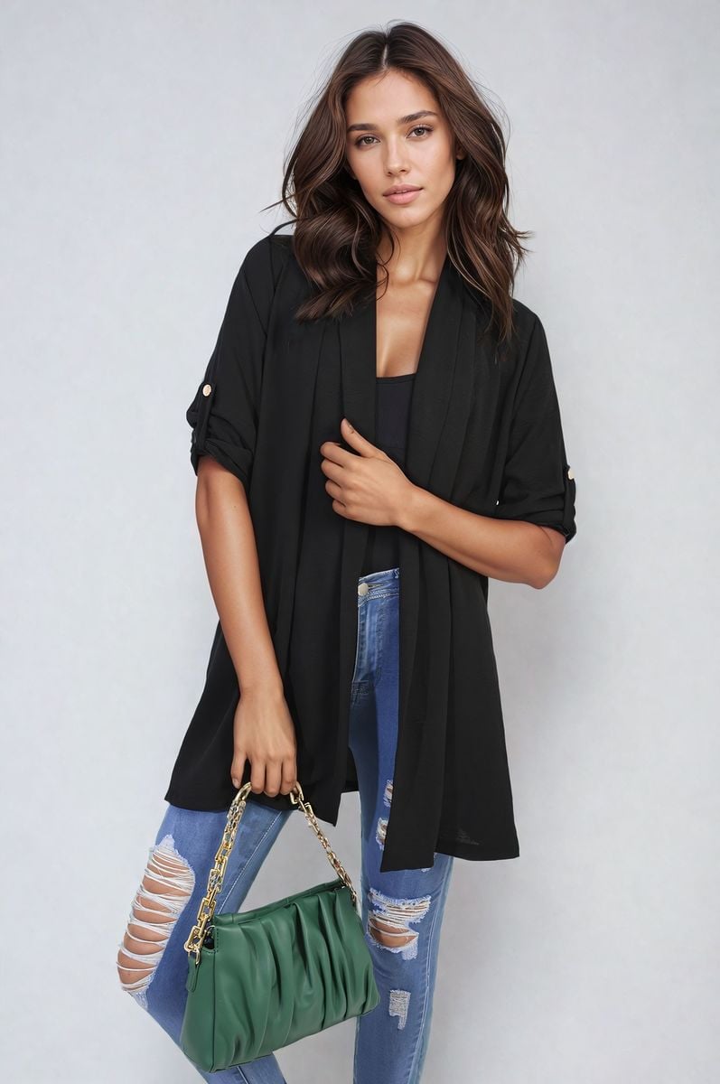 Open Front Roll Up Sleeve Cardigan - Black River UK
