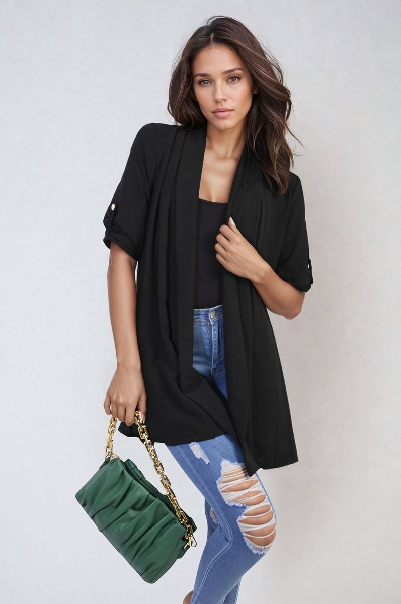 Open Front Roll Up Sleeve Cardigan - Black River UK